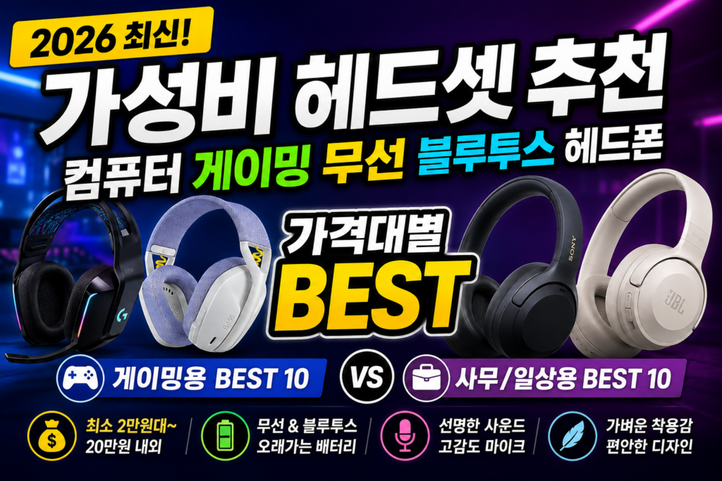 2026 최신 가성비 헤드셋 추천 컴퓨터 게이밍 무선 블루투스 헤드폰 가격대별 BEST 제품 이미지