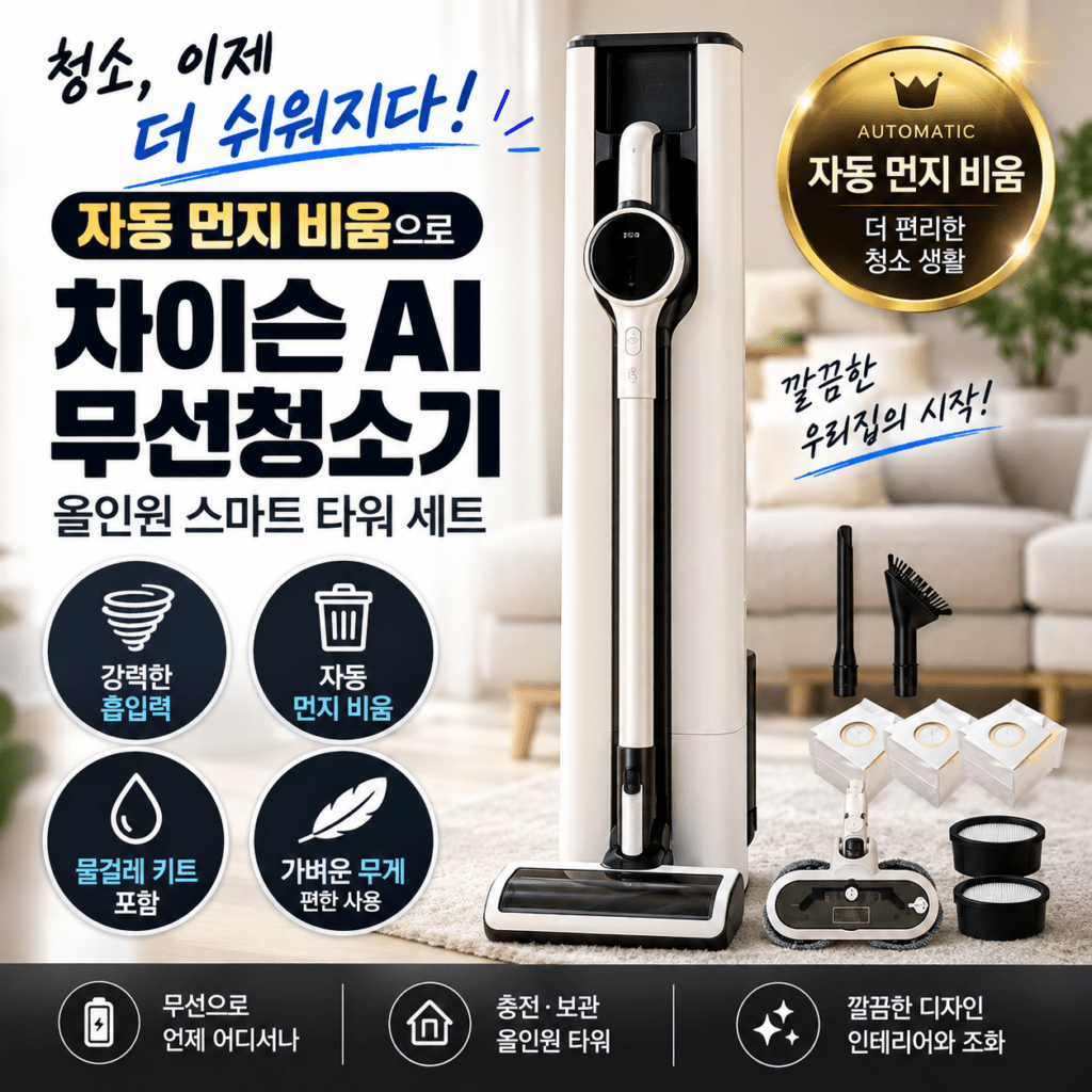 차이슨 AI 올인원 스마트 타워 무선청소기, 자동 충전·먼지 비움 기능 정리 제품 이미지