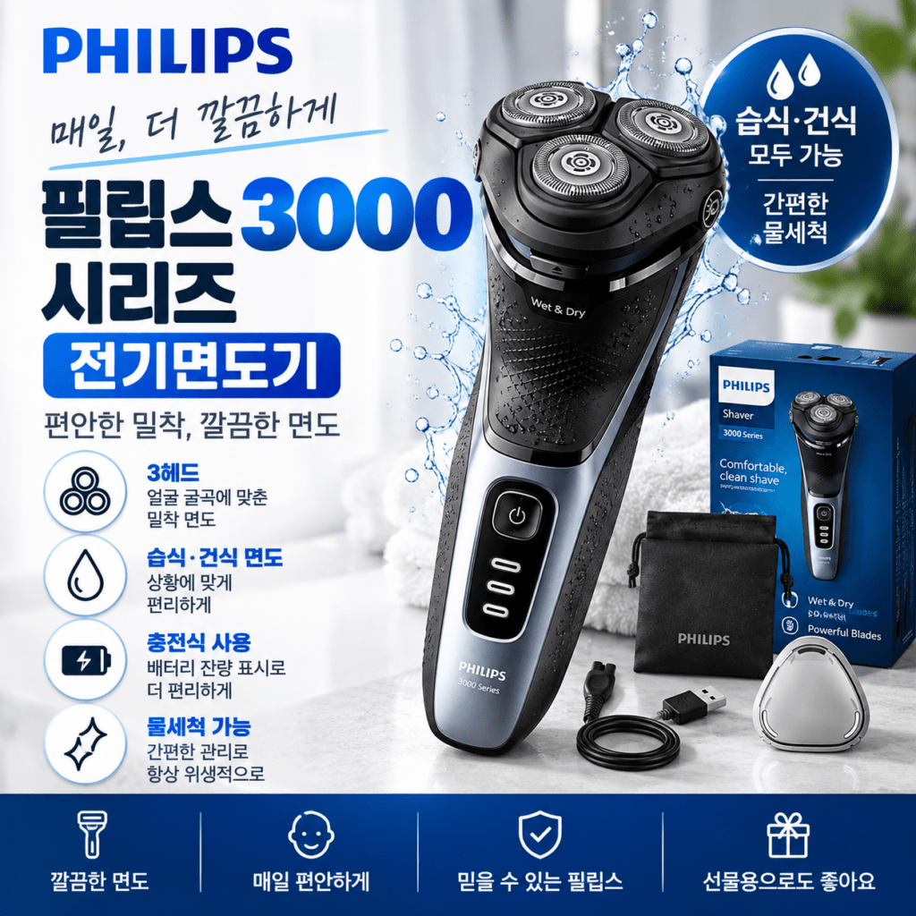 필립스 S3243/12 3헤드 전기면도기｜습식·건식 면도와 물세척 제품 이미지
